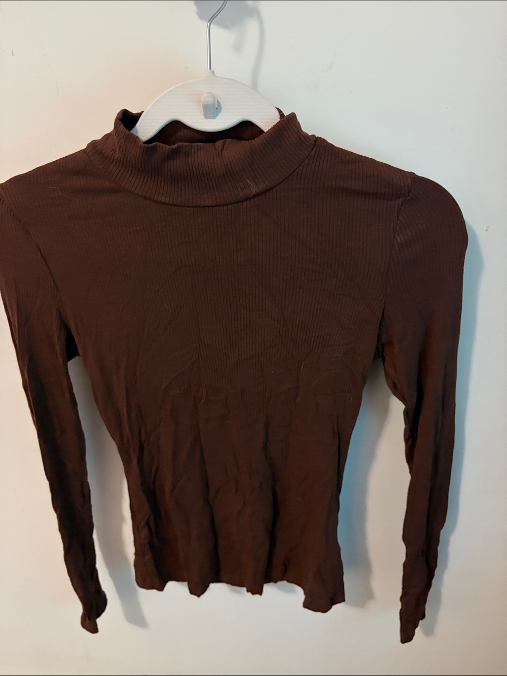 Women's Brown Ribbed Mock Neck Long-Sleeve Top